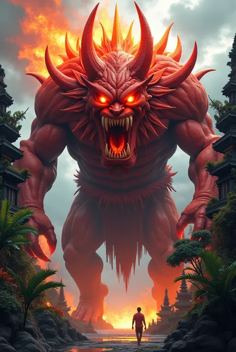 "Giant red ogoh-ogoh with sharp fangs and flaming eyes, traditional Balinese art style"