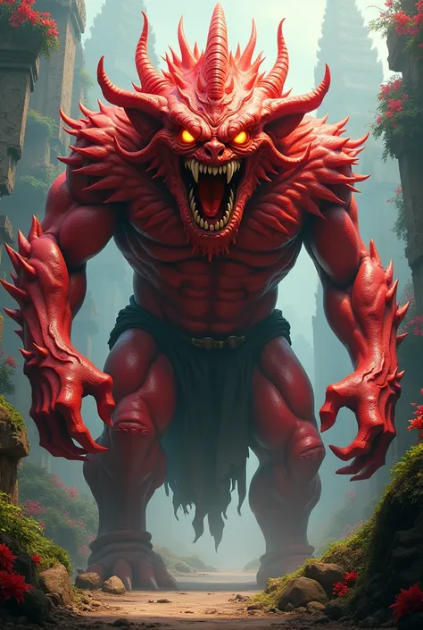 "Giant red ogoh-ogoh with sharp fangs and flaming eyes, traditional Balinese art style"