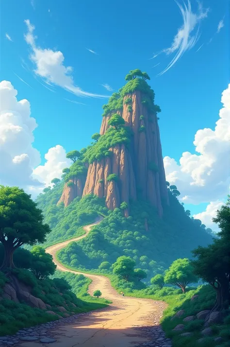  Make a vertical scenario of a tall hill with blue skies and with some clouds and a rocky road below with souls and trees:

Create this scenario using traits similar to the one from Disney 