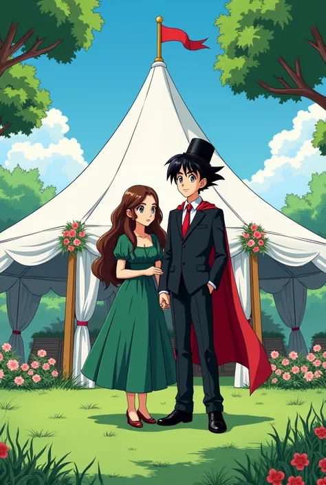  A young Jewish Saiyan with brown hair without a beard wearing an all-black suit,  black dress shirt with red tie and a black kippah , wearing a red cape and his bride ,  a girl with long brown hair and a green dress ,  at their wedding on a green outdoor ...