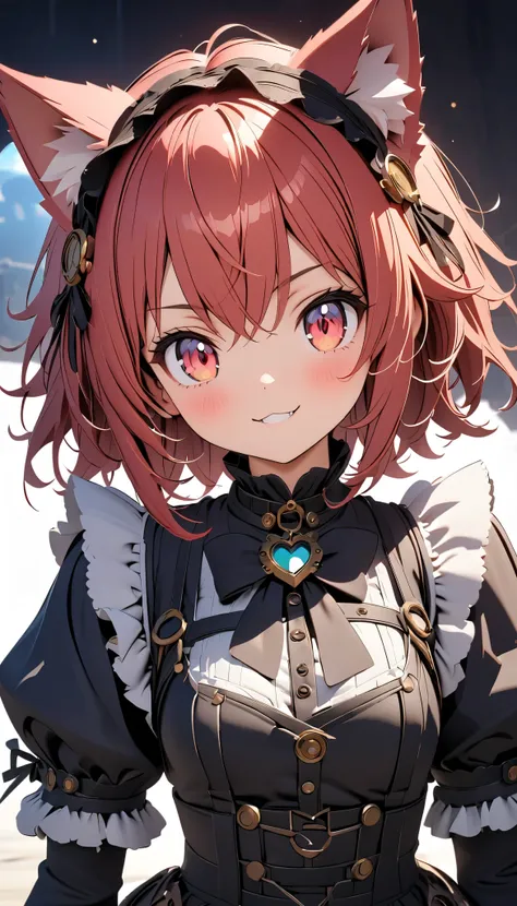 (masterpiece:1.2), ( top quality:1.2),  super high resolution ,  very detailed with crimson hair, Tactical Maid anime girl, Cat ears, Light red hair, Dreamy Girl , (1 person,Lolita, boyish,  s :1.3), Serious, Ferocious Smile,  Androgynous Charm , very shor...