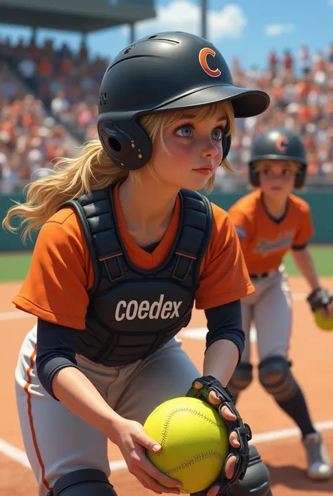 Womens softball pitcher and catcher with a protective bib and slacks , blonde and black hair, with a yellow softball in her hands ,  with an orange shirt that says COJEDES in Spanish on the chest and a black cap with a C, in a stadium full of fans with rea...