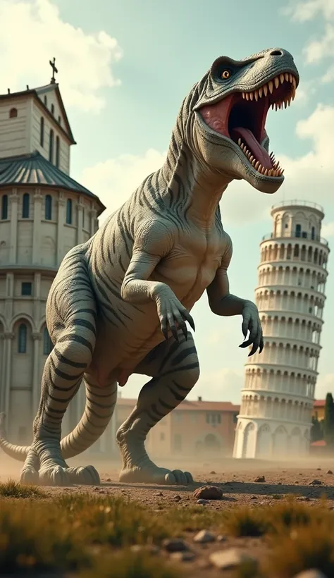 " Create a highly detailed and terrifying 4K image of a monstrous hybrid creature ,  combining the features of a white tiger and a Tyrannosaurus rex ,  in front of the Leaning Tower of Pisa .  The creature has the enormous and powerful body of a Tyrannosau...