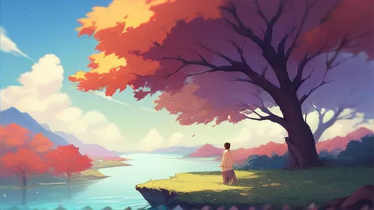 Background environment with forest in the background, river in midground and a cliff in foreground, anime, ghibli, pastel color