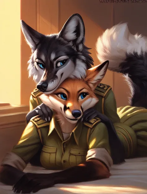 score_9, score_8_up, score_7_up, source_furry, rating_safe, by kenket, anthro, duo, female/female, wolf, black body, blue eyes, fox, white body, doggy, on belly, uniforms 
