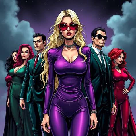  Comic book supervillains stand in a row against the storm clouds of the night , like the mafia ;
 And in the center, at the head of the row is a glamorous lanky long-haired blonde in dark red sunglasses,  with a purple tight blouse and emerald purple legg...