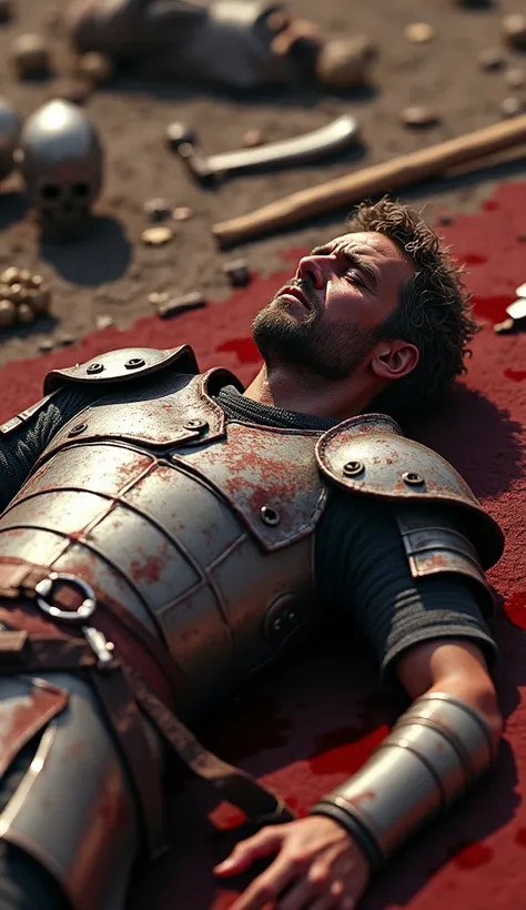 Defeated Roman Knight ,  lying on the bloodied floor,  Era of 350 after Christ , Hyper realistic. 