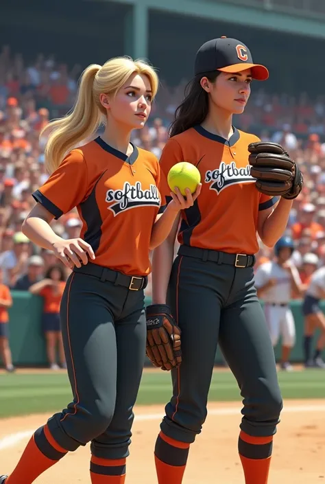 Womens softball pitcher and catcher with a protective bib and slacks , blonde and black hair, with a yellow softball in her hands , with an orange shirt that says Softball in Spanish on the chest and a black cap with a C, in a stadium full of fans with rea...