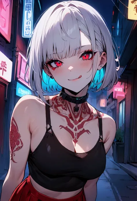 ((Masterpiece)), 1girl, white short hair, red eyes, cyberpunk, Tatoo in neck, wear a black singlet, In Street, Neon light, Day Night, Wear Pattern Red Skirt, Tsurime, Licking lips