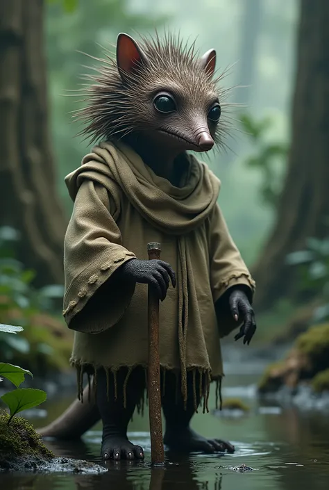 a humanoid echidna with detailed facial features, wearing light burlap clothes, standing in a swampy environment, holding a cane, (best quality,4k,8k,highres,masterpiece:1.2),ultra-detailed,(realistic,photorealistic,photo-realistic:1.37),intricate details,...