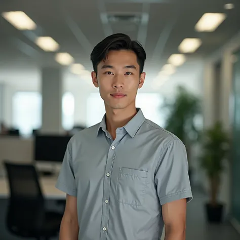 Young Vietnamese boy , about 20 years old,  High nose bridge ,  Beautiful eyes, Neat short hair,  wearing a short-sleeved shirt,  standing in the office at work 