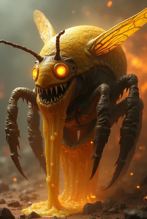 "A monstrous hybrid creature combining a bee and a honey pot into one terrifying being. The hybrid has the body structure of a bee with golden honeycomb-like textures across its surface, but its abdomen is shaped like a honey pot, oozing honey like molten ...