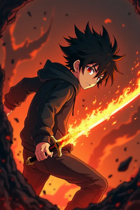 Create this scene 
Anime teenager  with spiky hair and red eyes in a black hoodie
He has a sword in his hand
He releases attack from the sword 

The attack is his own fire from the sword that resembles a demon 

The fire is turning into many demon blades h...