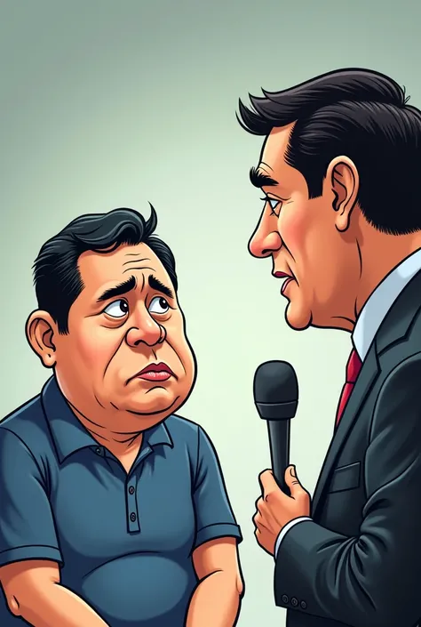 Make a Political cartoon about a man who interviewing in the Philippine media person but sad and annoyed 