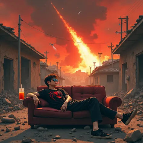 177 cm strature , 60 cm bust , 56 waist , 50 kg weight young 24 years old white Man , korean male hairstyle chill in , destroyed house which walls seem like to have hole in the , burning floor and roof and furniture , imagination manipulation photography ,...