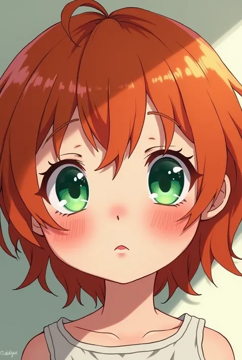 Baby , Redhead,  with green eyes, pink vitiligo and in anime style 