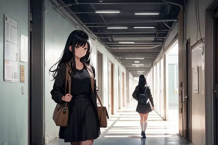 a black-haired girl walking down a dark corridor of a school 