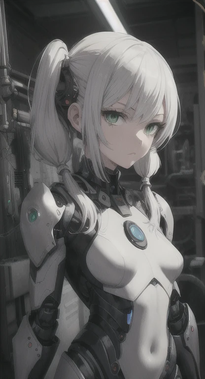 Ancient android, dark lord Lumine, silver hair, green eyes, looking at viewer, stern, pigtails, long messy hair, mech room, steampunk armor, threatening pose,