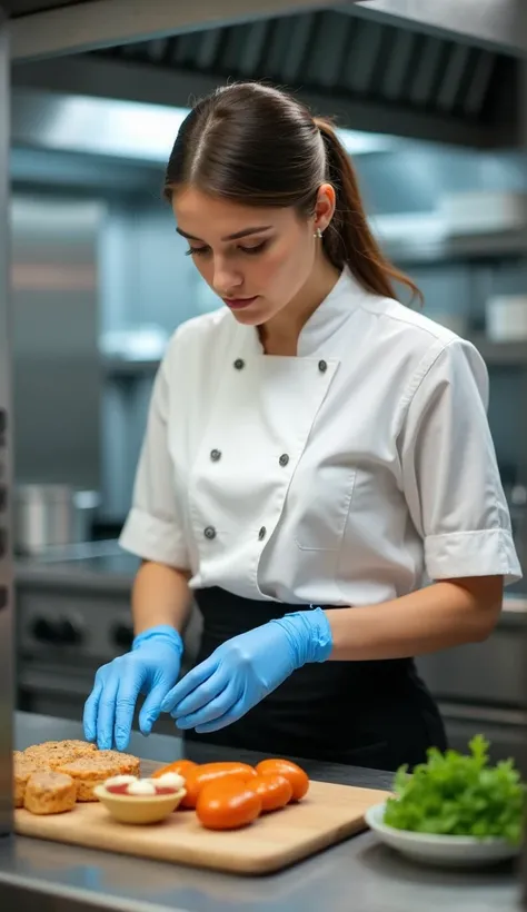 white college girl wearing a white shirt, black pants, and blue nitrile gloves while preparing food in a commercial kitchen