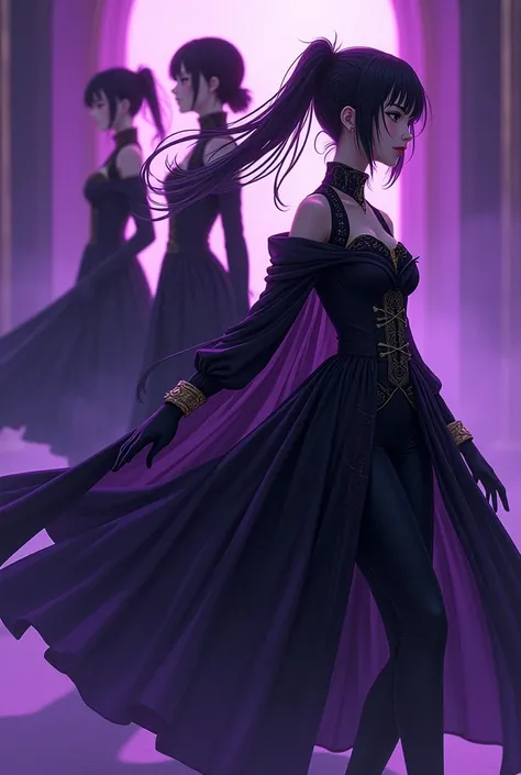  Image of a page to sell clothes ,  “called the last garment” anime-type, fashion, flow using black and purple colors  

