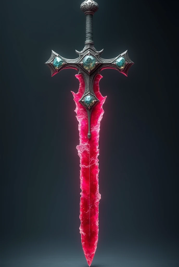 A sword made of something like a red crystal like a ruby, the part that cuts is serrated with a very sharp tip, where it is 1 meter long, with the guard shaped like a cross, with it being made of a metal that is half dark gray with it being serrated also w...