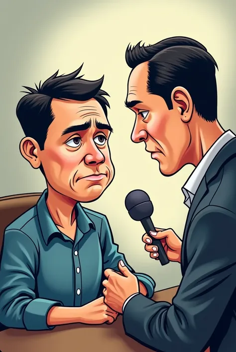 Make a Political cartoon about a man who interviewing in the Philippine media person but sad and annoyed 