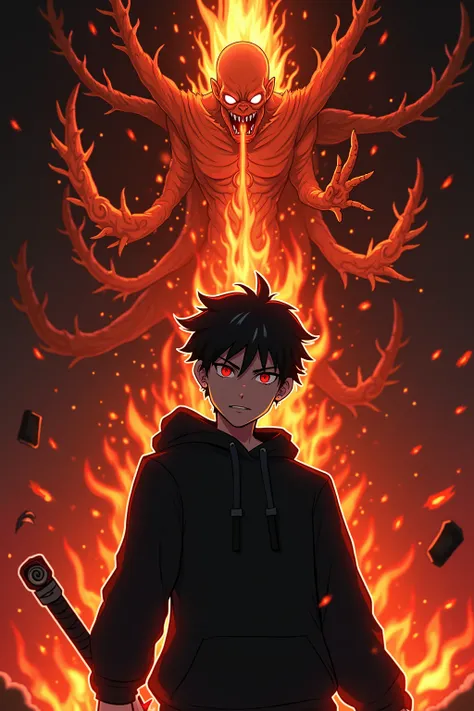 Create this scene 
Anime teenager  with spiky hair and red eyes in a black hoodie
He has a sword in his hand
He releases an attack from the sword 

attack should be fire from the sword that resembles a demon 

many demon blades heading toward a battered ba...