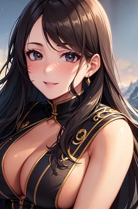 Masterpiece, ((1 girl)), ((Best Quality)), (Ultra-detailed), Highly detailed, ((Big breasts)), ((Long Hair, Multicolored hair, Toned Hair, Gold and Black hair, Black eyes)), ((30-years-old, Mature women)), ((Tan Skin, Brown Skin)), (Wizard Robe Full Black ...