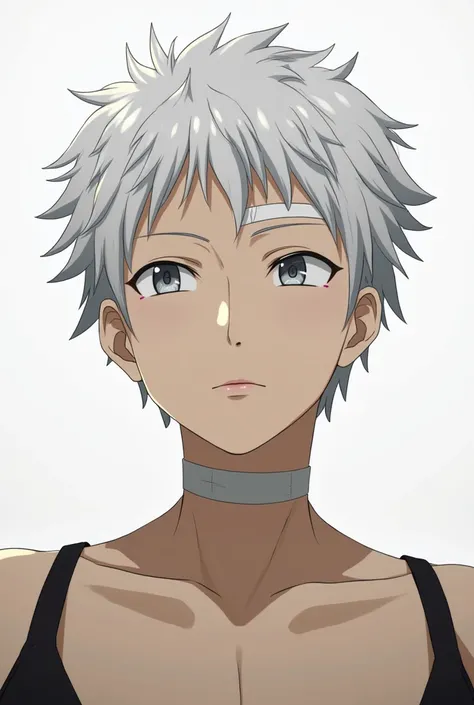 Masterpiece, best quality, 1man, akihiko sanada ,persona 3 multicolored hair, hair white, short hair , hair gray, black swimsuit, Solo, some muscles, thin body, bandage right end eyebrow, low angle view, boxing bandage, silver colored eyes neck. 
