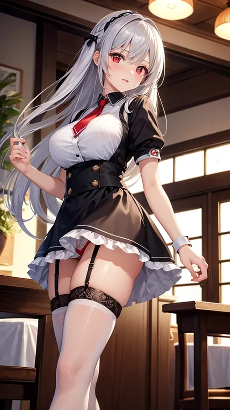 best quality, ultra detailed, 1 girl, silver hair, middle hair, red eyes, large breasts, waitress, mini skirt, garter belt,