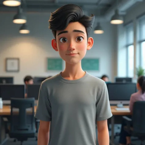 Young Vietnamese boy , about 20 years old,  High nose bridge ,  Beautiful eyes, Neat short hair, wear a gray short-sleeved shirt,  standing in the office at work 