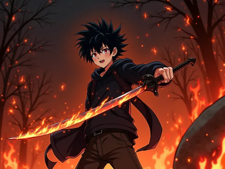 Create this scene 
Anime teenager  with spiky black hair and red eyes in a black hoodie
He has a sword in his hand
He releases an attack from the sword 

attack should be fire from the sword that resembles a demon 

many demon looking blades heading toward...