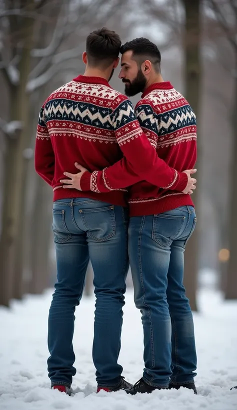 Realistic espectacular dos hombres handsome y musculosos, fornidos en jeans   big buttocks , In Christmas sweater  ,   Masterpiece, hugged,   big buttocks ,piernas musculosas, grandes nalgas handsome, real ,  a man with a jacket and the other with a sweate...