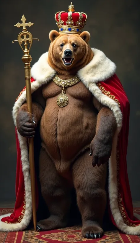 Bear King of Imperial Russia, A brown bear with a robust, extremely muscular humanoid body covered in thick, brown fur. Its head is that of a fierce bear with intimidating teeth. He wears the regal attire of Imperial Russia, with a long coat of red velvet ...