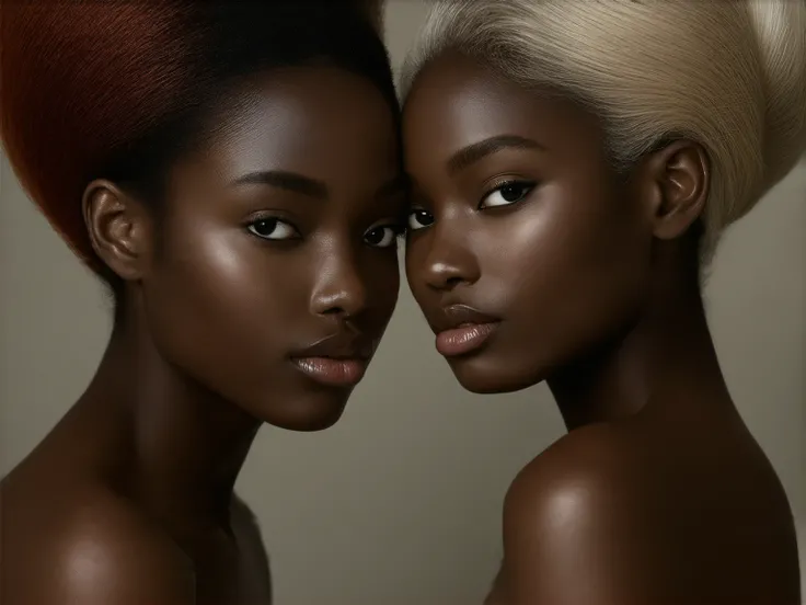 un portrait détaillé de deux belles jeunes filles à la peau foncée, tres noire comme Ajak Deng, coiffure en chignon, a girl whispering into a girls, ear from behind, southern, redhead and blonde hair, sharp facial features, (((gigantic breasts:1.3))), mass...