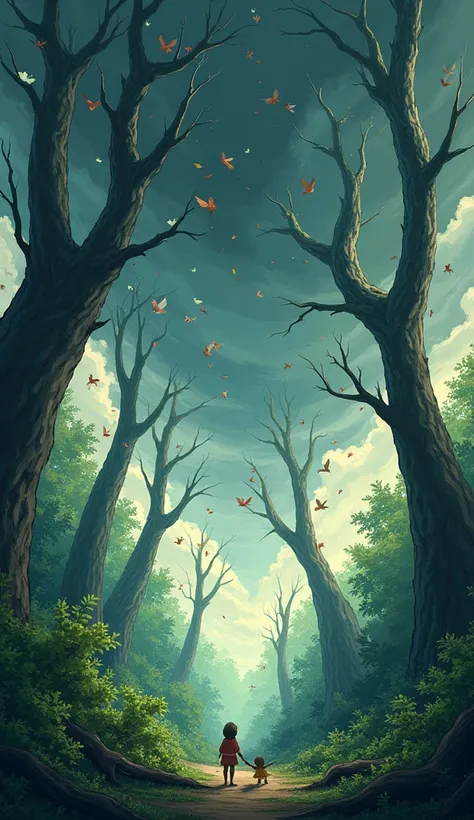 A stormy wind blew so much that several trees toppled in a forest full of many birds in shock. Flying scattered, ask for a ghibli cartoon image.