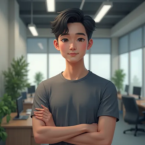 Young Vietnamese boy , about 20 years old,  High nose bridge ,  Beautiful eyes, Neat short hair, wear a gray short-sleeved shirt,  standing in the office at work 