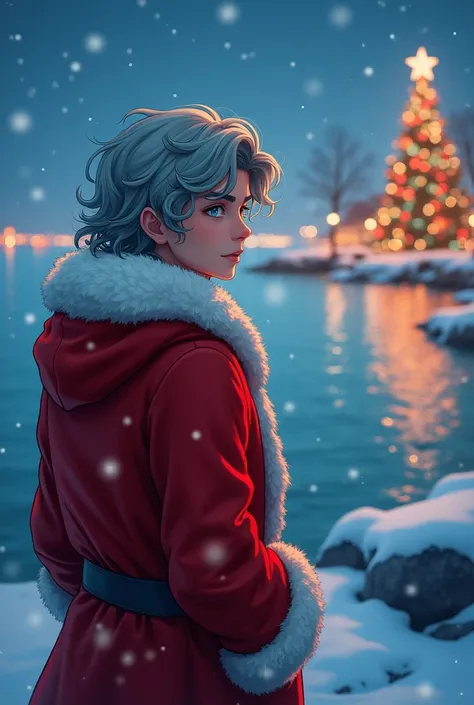 One beautiful young man, solo,  back view,  in the creek and looking at me, wavy gray hair,  blue eyes, Dressed as Santa Claus, Christmas scenery, Overlooking, sea,  Illuminations,  Christmas tree,  high image quality,  detailed,  Illustration, Watercolor,...