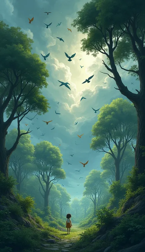 A stormy wind blew so much that several trees toppled in a forest full of many birds in shock. Flying scattered, ask for a ghibli cartoon image.