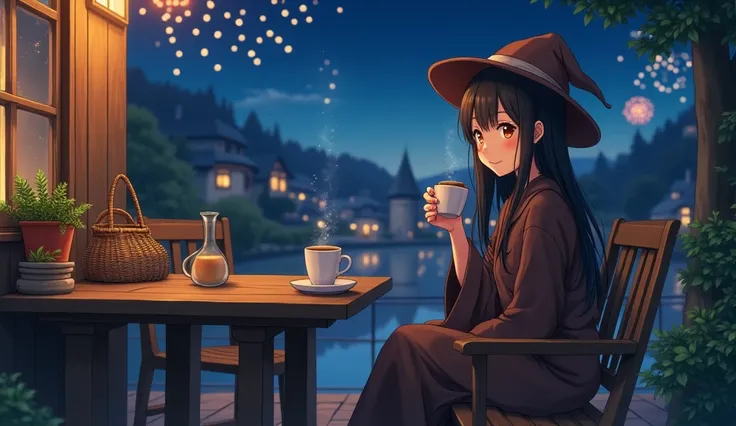 8k、 high school girl、 mature、 Looking Back、smile、 dark brown robe、Three-cornered hat、 medieval Europe with wooden basket、 Another World、Town view、Cafe、 Wood Deck 、sit、ホットCafeオレ、night、 starry sky 、firework、 romantic、 glitter、Anime 2D Style、Lo-Fi、LoFi、アニメ調 i...