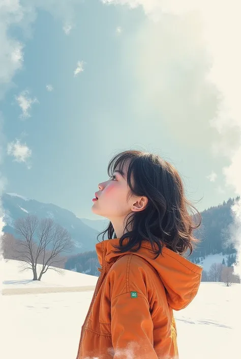 a watercolor painting of a girl sing a song towards the vast farm of snow hill, half-closed eye look up to the sky:1.33, CANON RF28-70 mm F/2.0 LUSM, (double exposure shading):1.2, (sharp sketch, watercolor painting aesthetic art pale tone):1.61, (masterpi...