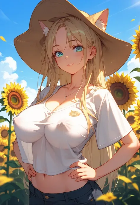 Beautiful girl with cat ears wearing an oversized, large, and thin t-shirt with an open chest、((Big Breasts:1.1))、 place your hands on your hips、Deep forward lean、deep cleavage that looks beautiful、 beautiful、Functional、Fan、bewitching、 Overflowing Sexual A...