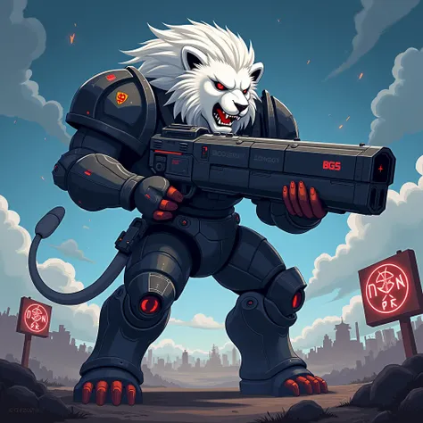 2D cartoon figure, white lion, brutal, black battle suit, writing BG5 mobile cannon, BG5 logo, battlefield background. At night, signs say Da Ran Phop