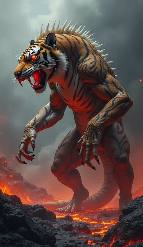 "Create an image of a monstrous hybrid creature combining the features of a tiger and a Komodo dragon into a single, seamless entity. The creature has the muscular frame and striped fur of a tiger, fused with the scaly skin, elongated snout, and forked ton...