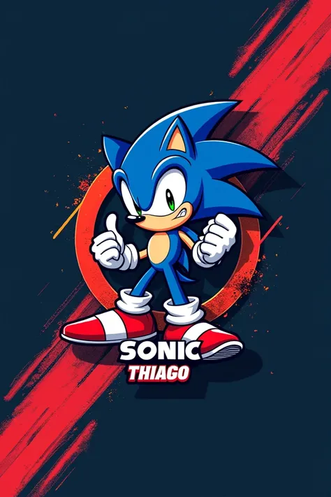  Create a t-shirt mockup for boys,  color blue mixed with black,  theme and red lines diagonal , with Sonic ,  theme and with the name  "Thiago"