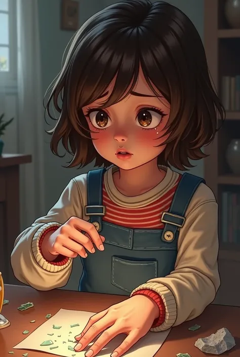 Anna broke her moms favorite vase. Shen then ran and took care of the vase with only her bare hands. She cut her finger with a broken glass. She then started crying loudly while looking at her finger.

Make her have TEARS in her eyes, like how a  cry. And ...