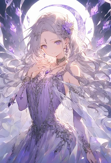 A mature, elegant human woman with a captivating presence, designed for a fantasy gacha game. She has long, flowing silver hair with subtle lavender undertones, styled in loose waves that cascade down her back, with a few strands framing her face. Her eyes...