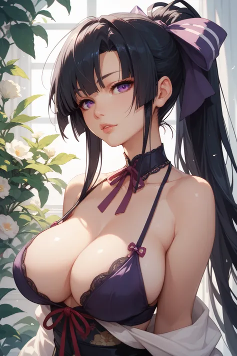 1 girl, solo, long hair, black hair, ribbon, very long hair, purple eyes, hair ribbon, ponytail, big breasts, sexy, himejima akeno.