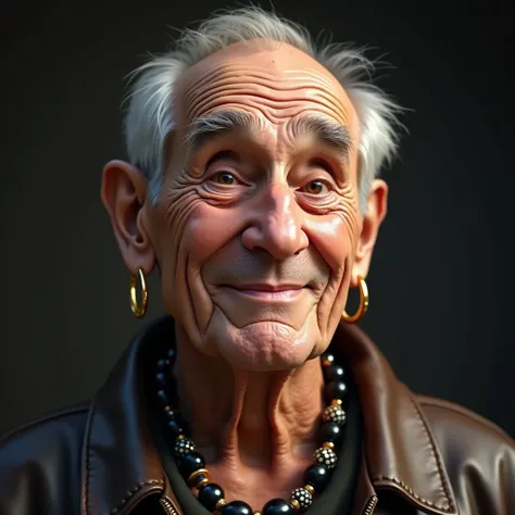 An old man with a light but pleasant smile, normal brown eyes, wearing a leather jacket, a beaded necklace with black spheres, and gold hoop earrings. His expression is calm and thoughtful, reflecting wisdom and confidence.