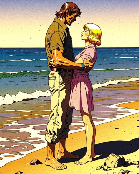 Art style by H. R. Giger, Art Style by Moebius, 


On a quiet, secluded beach, the couple enjoys a tender moment by the water. The tall, muscular man stands barefoot in the sand, his olive-green polo shirt slightly unbuttoned, with his beige chinos rolled ...